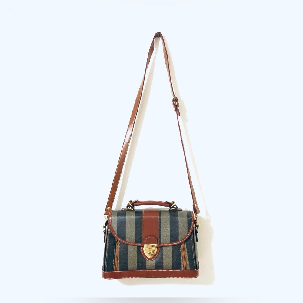 1980’s Vintage Structured Shoulder Bag - Striped Black, Grey and Brown - Picture 9 of 11